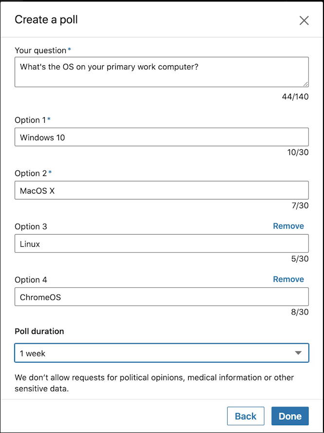 how to create linkedin poll - enter question and choices