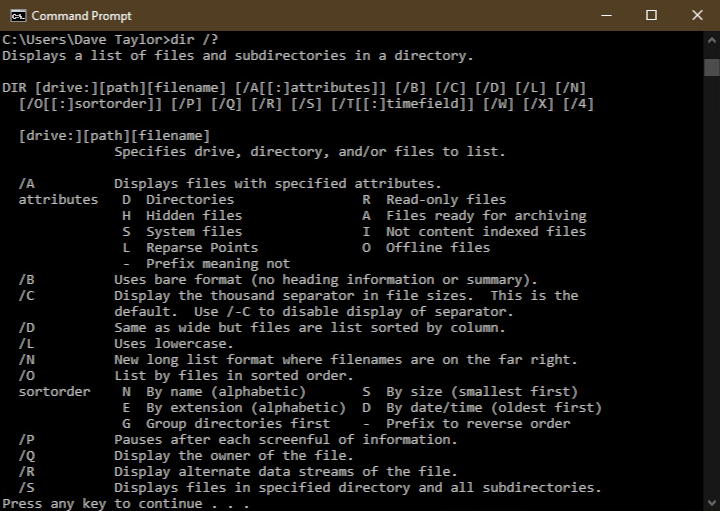 windows command prompt - dir /? help