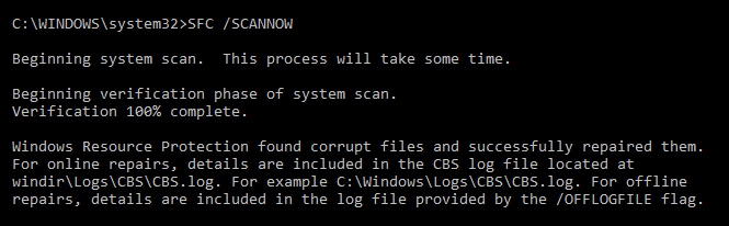 windows command prompt - sfc /scannow results