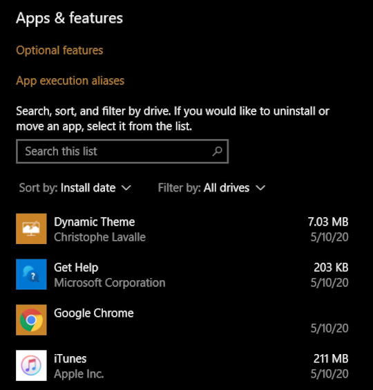 win10 apps and features