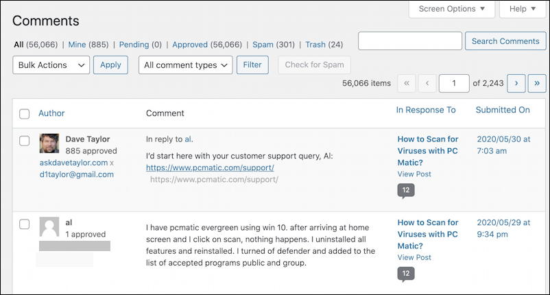 wordpress dashboard - comments - 