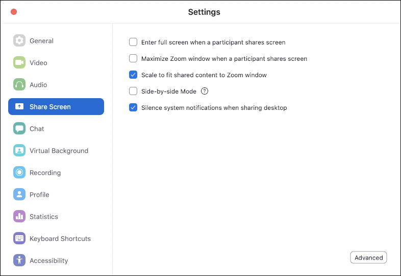 zoom screen sharing settings in app mac