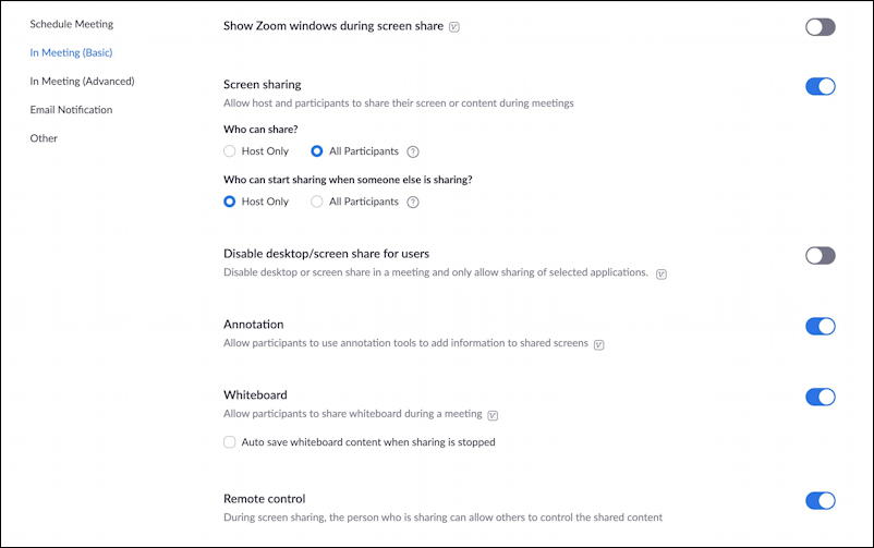 zoom web site - profile - settings - screen sharing