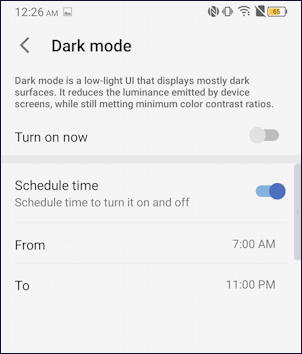 android 10 - tcl - settings > display > dark mode enabled