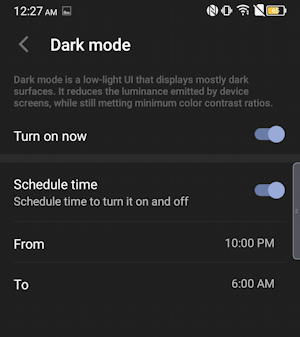 android 10 - tcl - settings > display > dark mode turned on