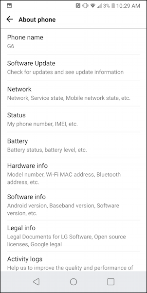 android settings > general > about phone