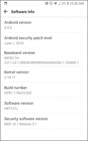 android settings > general > about phone > software info