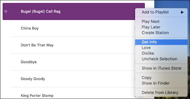 itunes - fix track name - benny goodman - context menu