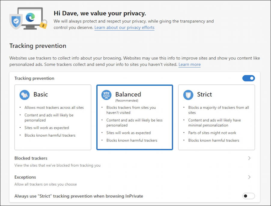 microsoft edge web browser win10 pc - privacy settings tracking