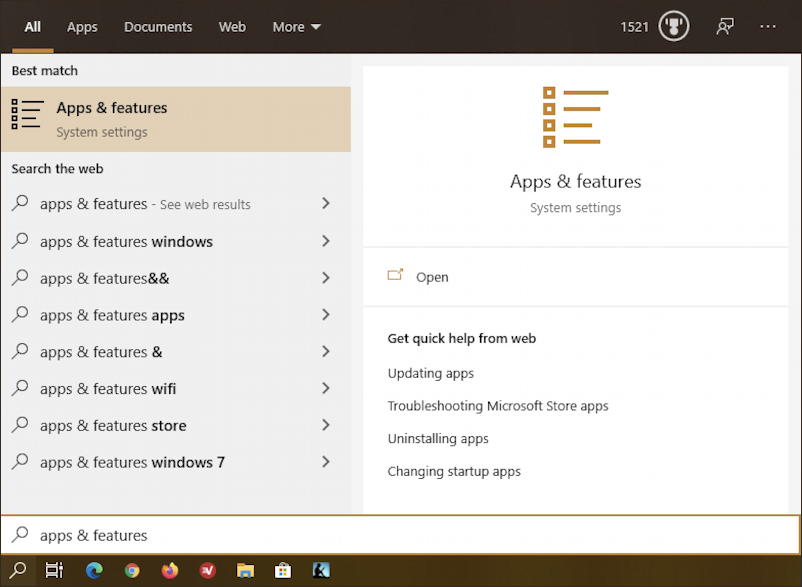 windows 10 search apps & featurs