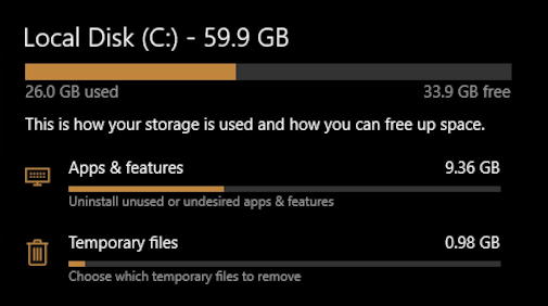 windows 10 storage space - disk space used usage