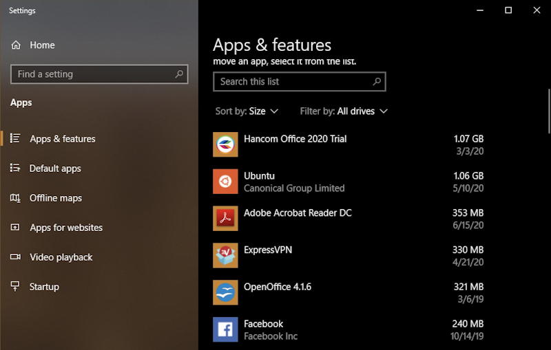 win10 apps & features - sort apps by size