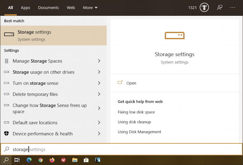 win10 taskbar search - storage settings