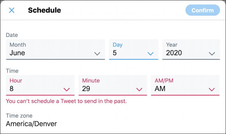 twitter tweet - scheduler - can't schedule in the past