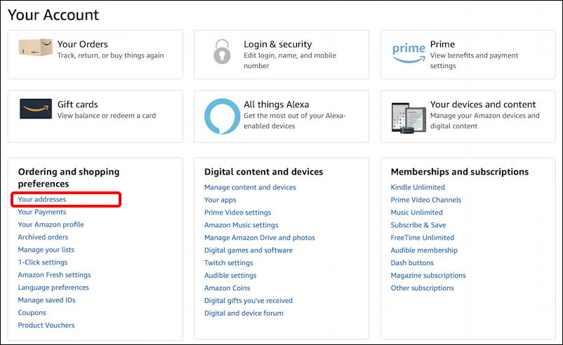 amazon your account - your addresses