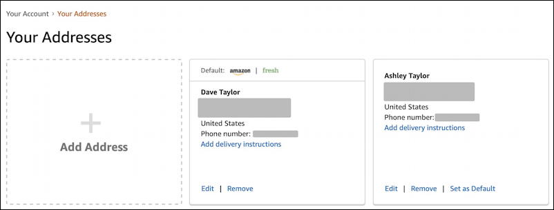 amazon your account - your addresses - list of addresses