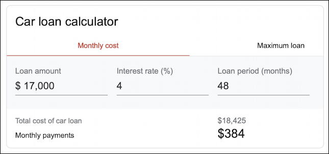 google car loan calculator - 17000 at 4% for 48 months
