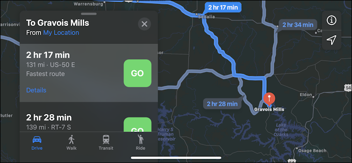 apple maps - route options