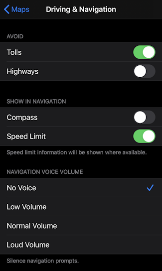 iphone ios13 > settings > maps > driving & navigation