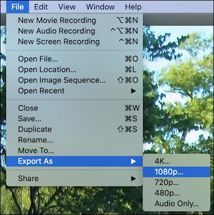 mac quicktime player - export video resolution 4k 1080p 720 480