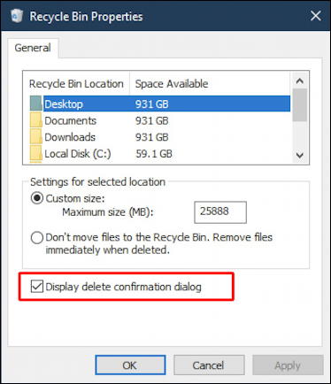 win10 recycle bin properties window