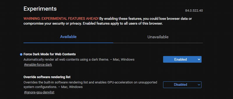 microsoft edge flags - dark mode enabled