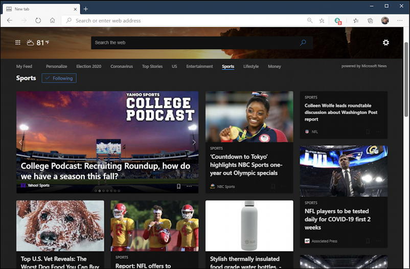 live.com sports news - microsoft edge dark mode