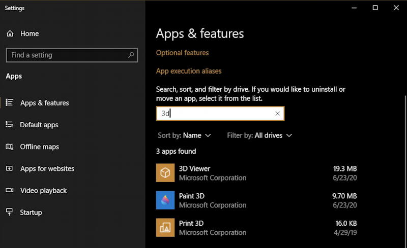 add remove programs win10 windows - search 3d
