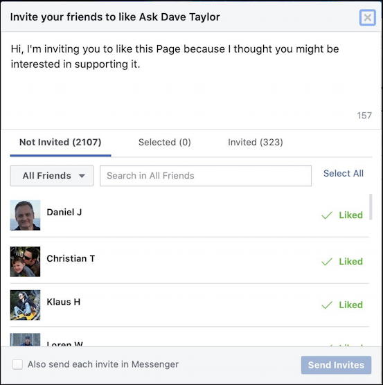 facebook business page - invite friends window