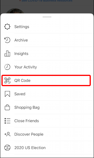instagram main menu - create qr code