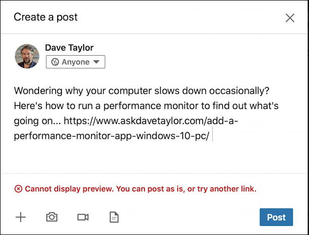 linkedin error: cannot display preview