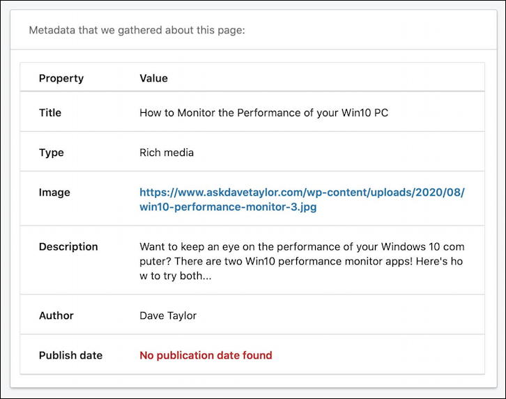 linkedin post inspector - details of open graph data