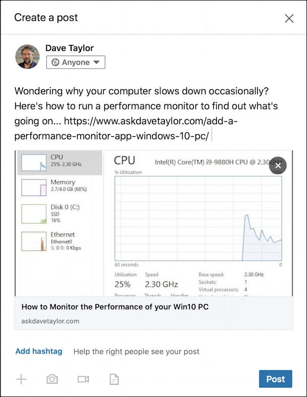 linkedin post with fixed cache preview