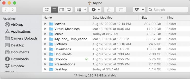 macos x finder - home directory - sorted by size