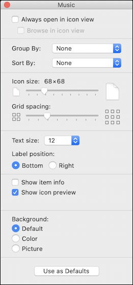 finder show view options - macos x - icon view