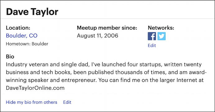 meetup.com - my profile bio information