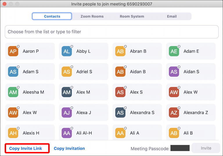 zoom meeting - invite contacts friends email - copy link