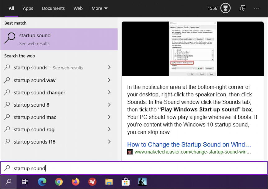 win10 search 'startup sound'