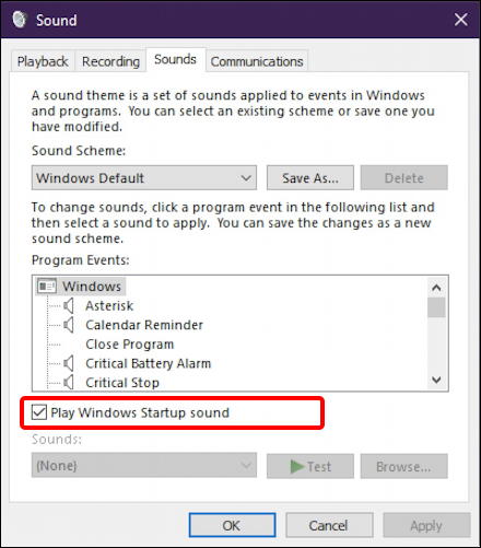 win10 system sounds preferences settings - sounds startup chime