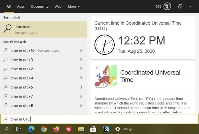 win10 taskbar search - time in utc