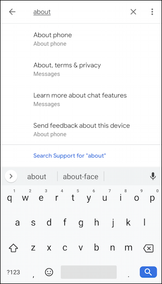 android 10 - search settings - 'about'