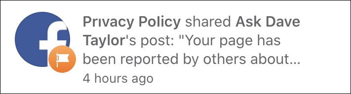 facebook notifications: privacy policy page reported