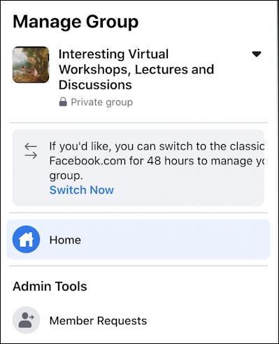 rename facebook group - main admin interface menu options