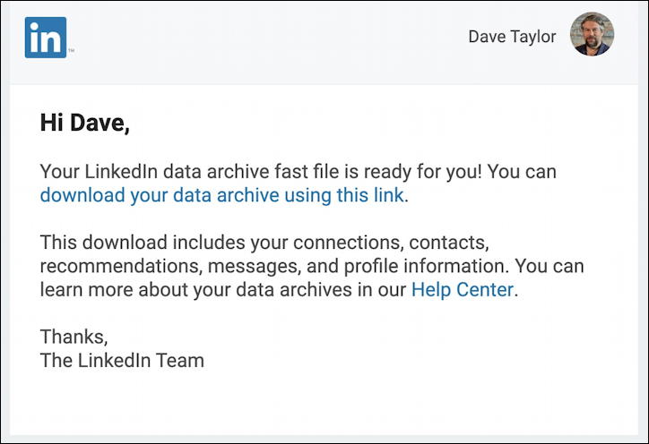 linkedin email: archive ready to download