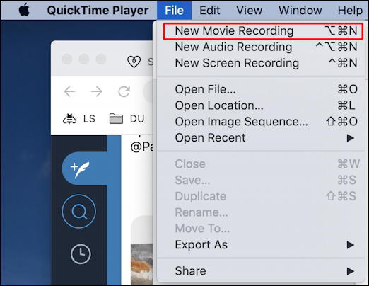 mac quicktime player - file menu - start recording