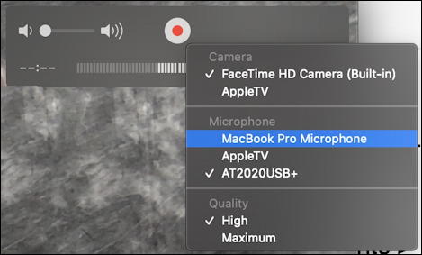 mac quicktime player - new screen recording - webcam capture - configure inputs