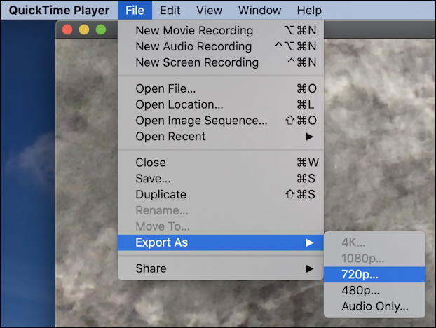 quicktime player - record webcam - export as 720p