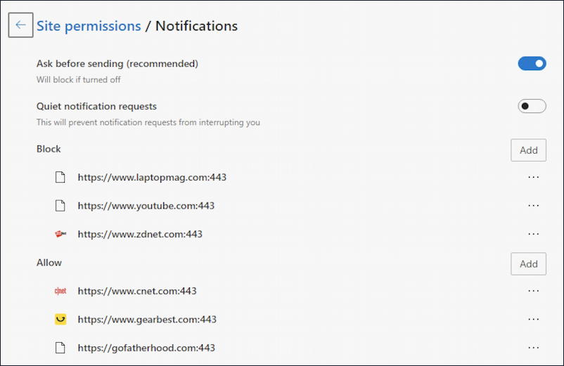 microsoft edge - notifications - allowed blocked list disable turn off notification web site