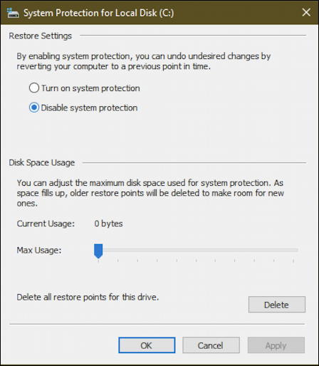 create restore point win10 - configure