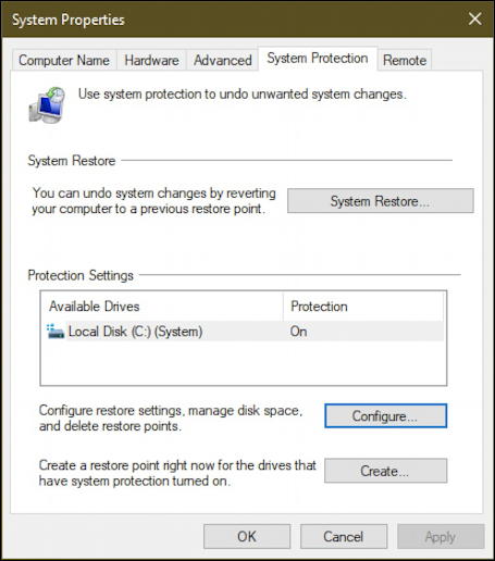 create restore point win10 - create restore point enabled